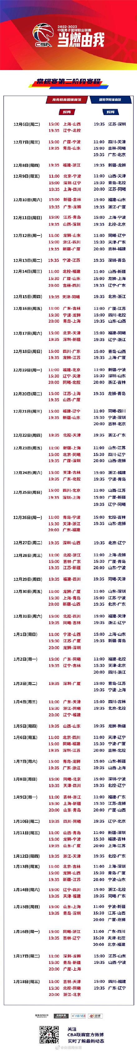 2022cba第二阶段赛程表